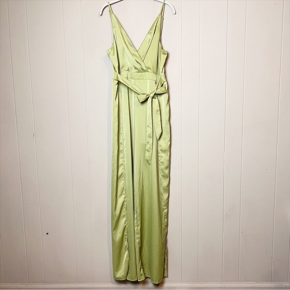 Lulus Classy Night Out Lime Green Satin Slit Leg Jumpsuit XL cocktail event‎ - Picture 2 of 13